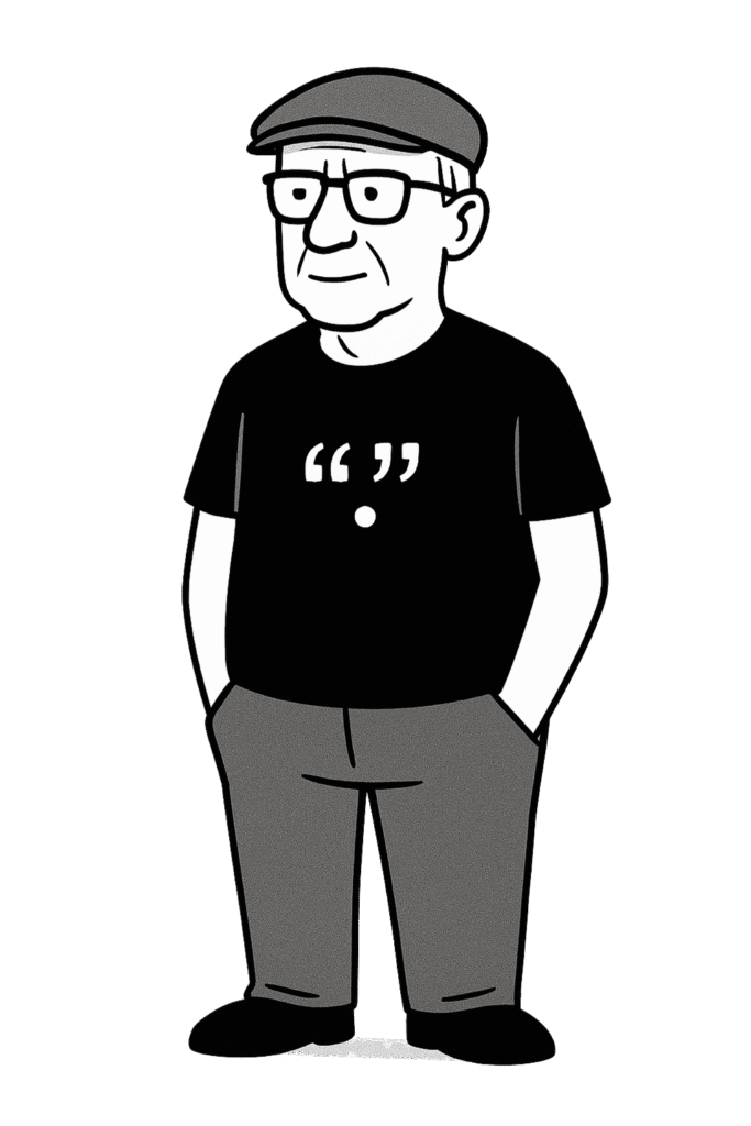 Illustration eines älteren Mannes mit freundlichem Gesichtsausdruck. Er trägt eine Schirmmütze, eine Brille, ein schwarzes T-Shirt mit weißen Anführungszeichen und einem Punkt darauf sowie eine graue Hose. Seine Hände stecken in den Hosentaschen. Die Figur wirkt ruhig, zurückhaltend, aber freundlich.
